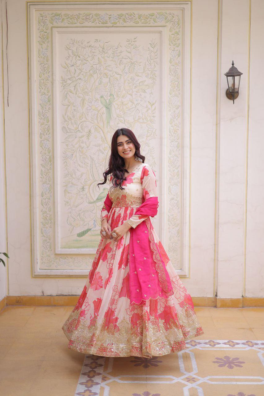 Russian Silk Anarkali Gown, Digital Print, Zari Sequins Embroidery, Flared Ethnic Dress