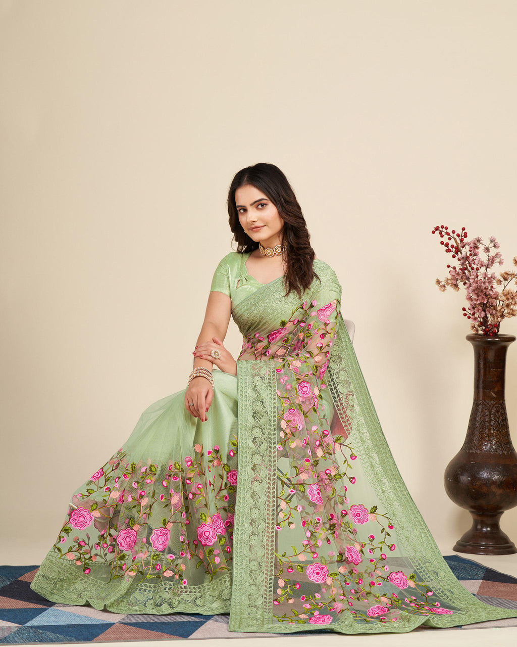 Soft Net Saree with Chikankari Embroidery, Wedding Festive Party Wear (Unstitched Blouse)
