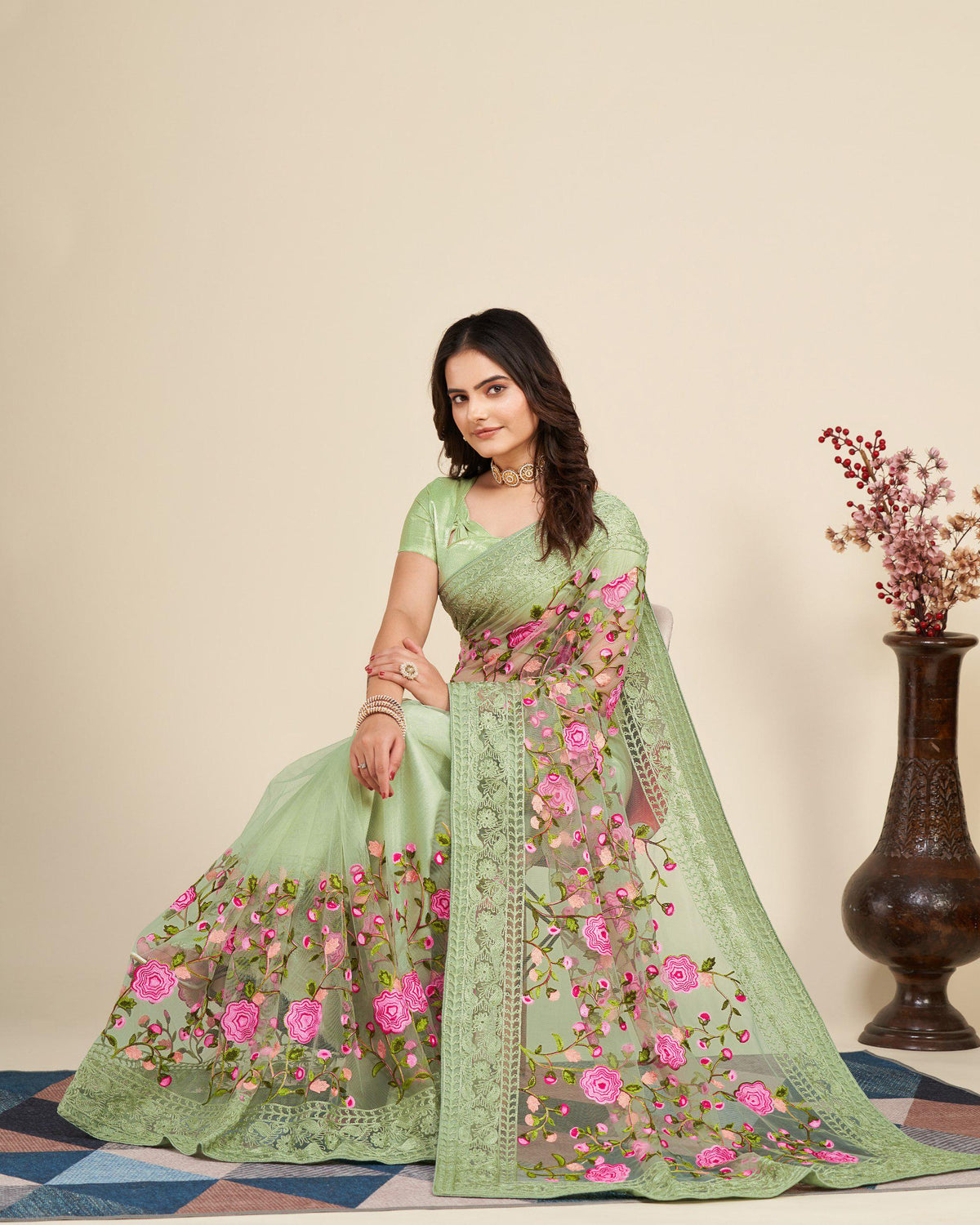 Soft Net Saree with Chikankari Embroidery, Wedding Festive Party Wear (Unstitched Blouse)