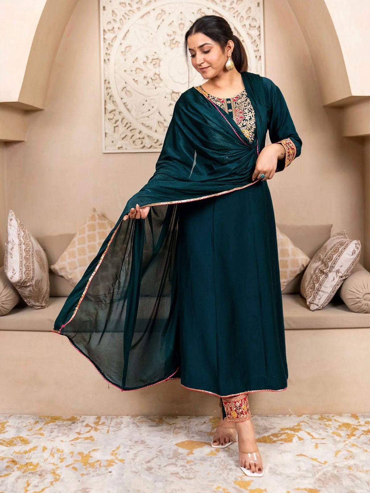 Embroidered Vichitra Silk Kurta Set with Dupatta, Festive Ethnic Party Wear Indian Outfit