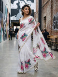 Floral Sparrow Print Soft Tabby Silk Saree, Khatli Cut Dana Handwork, Jalpari Blouse