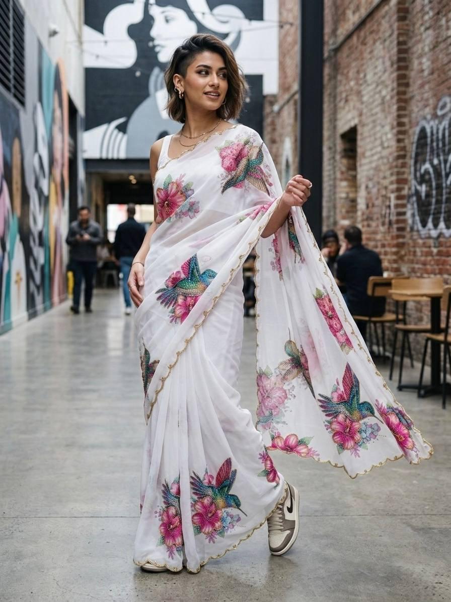Floral Sparrow Print Soft Tabby Silk Saree, Khatli Cut Dana Handwork, Jalpari Blouse