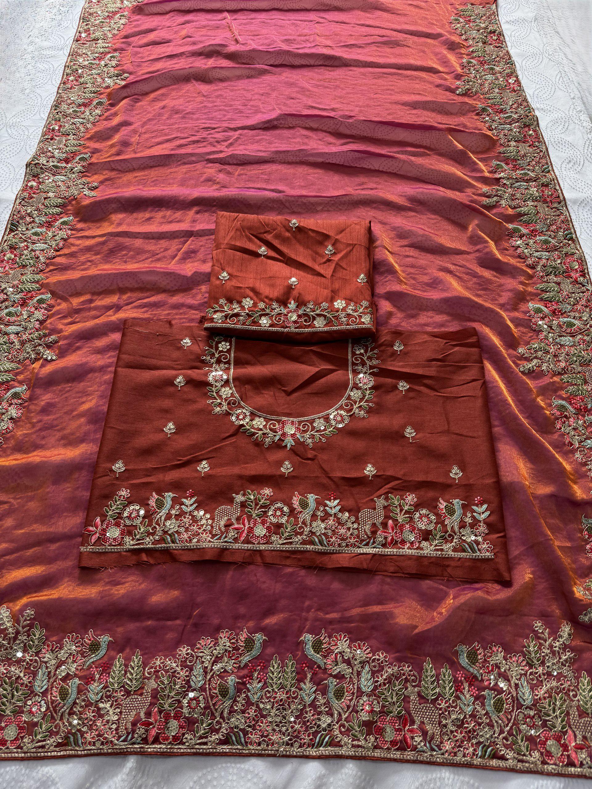 Fendy Satin Silk Saree with C-Pallu Embroidery | Designer Wedding Wear Blouse Piece