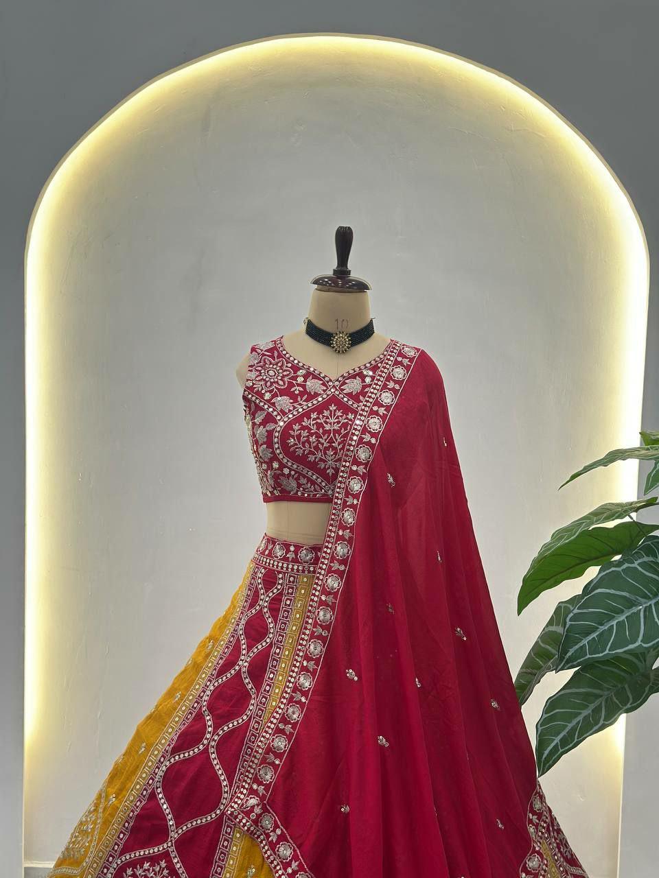 Vichitra Silk Lehenga Choli, Sequins Thread Embroidery, 4 Meter Flare Wedding Set