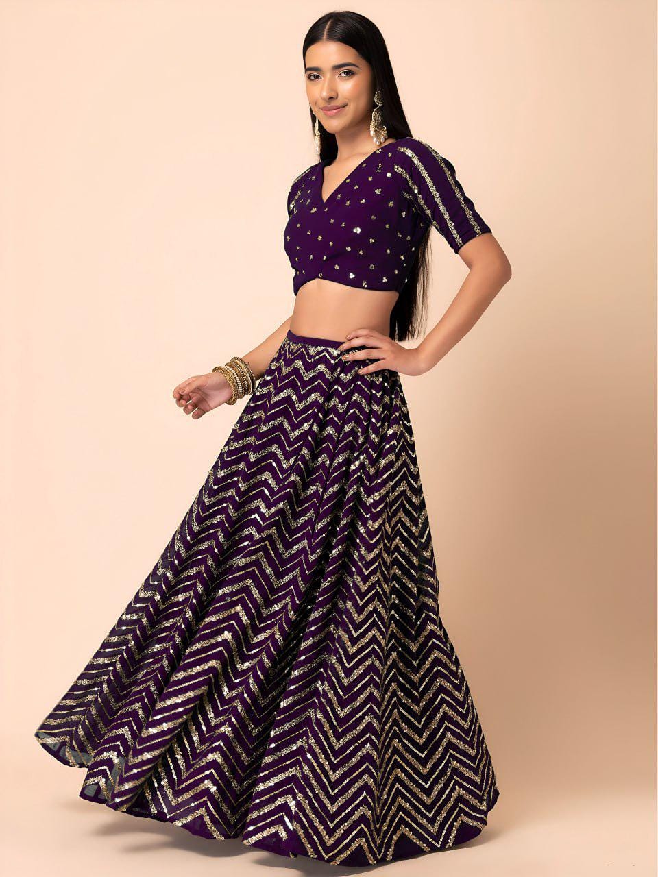 Deep Purple Georgette Lehenga Choli Set | Zari Sequin Embroidered Wedding Party Wear Net Dupatta