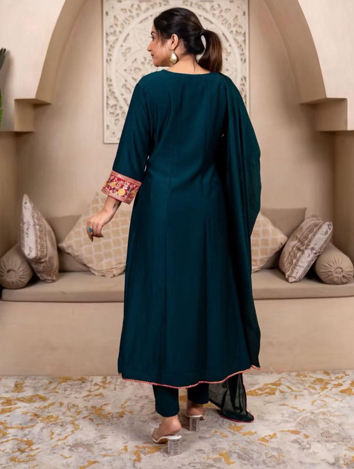 Embroidered Vichitra Silk Kurta Set with Dupatta, Festive Ethnic Party Wear Indian Outfit