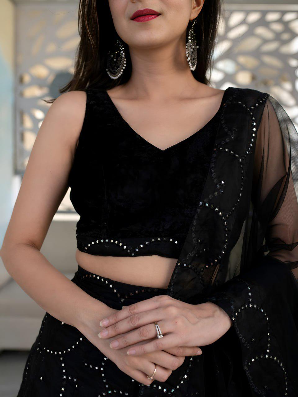 Black Organza Lehenga Choli, Velvet Blouse, Sequins Embroidery Wedding Outfit