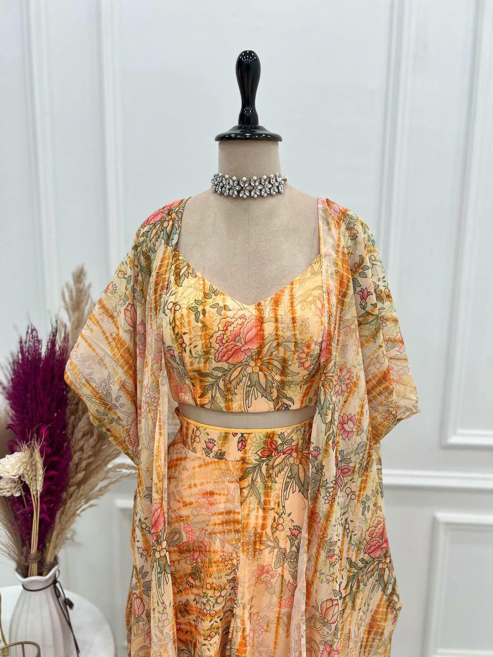 Floral Print Shrug Set, Crop Top Palazzo Co Ord, Fox Georgette Ethnic Outfit