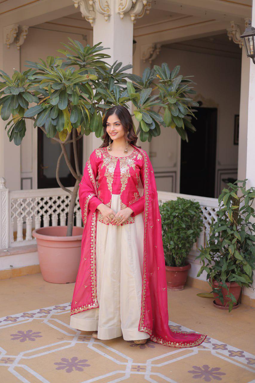 Glass Roman Anarkali Gown Set, Sequins Embroidery, Tabby Silk Dupatta, Festive Wear
