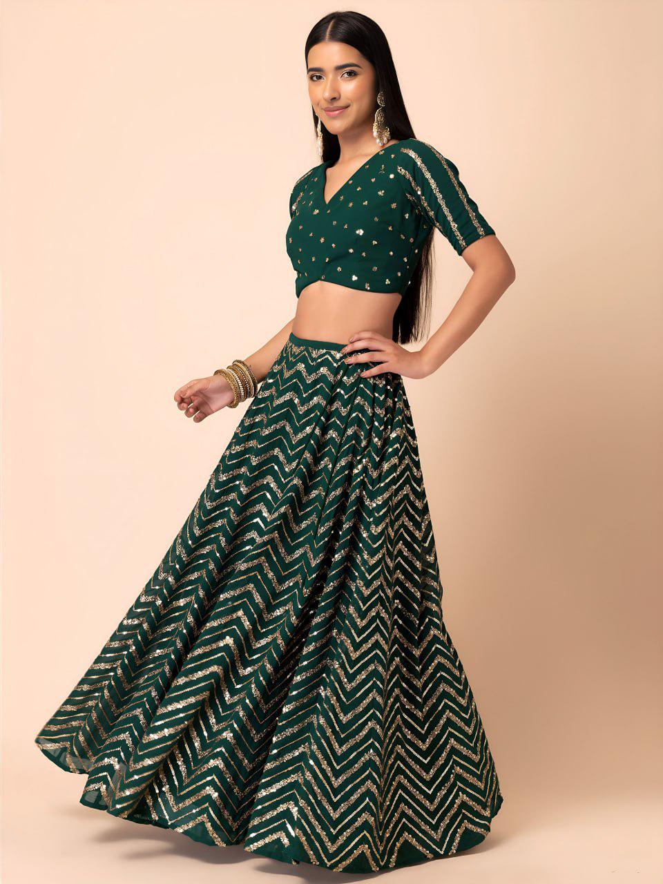 Green Georgette Lehenga Choli Set | Sequin Embroidered Wedding Party Wear (Semi-Stitched)