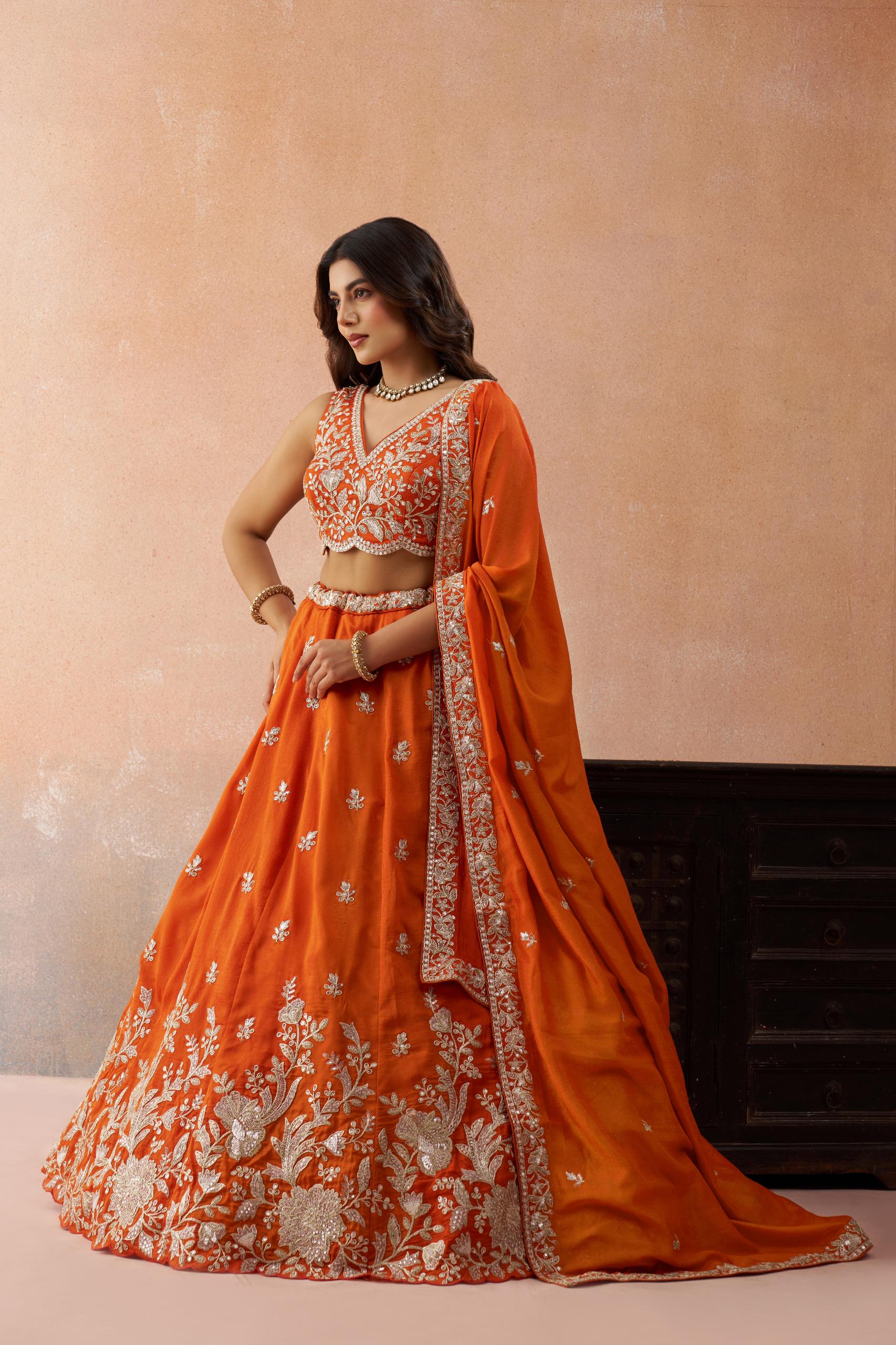 Olive Tissue Lehenga Choli Set, Sequins Zari Embroidery, Bridal Party Wear