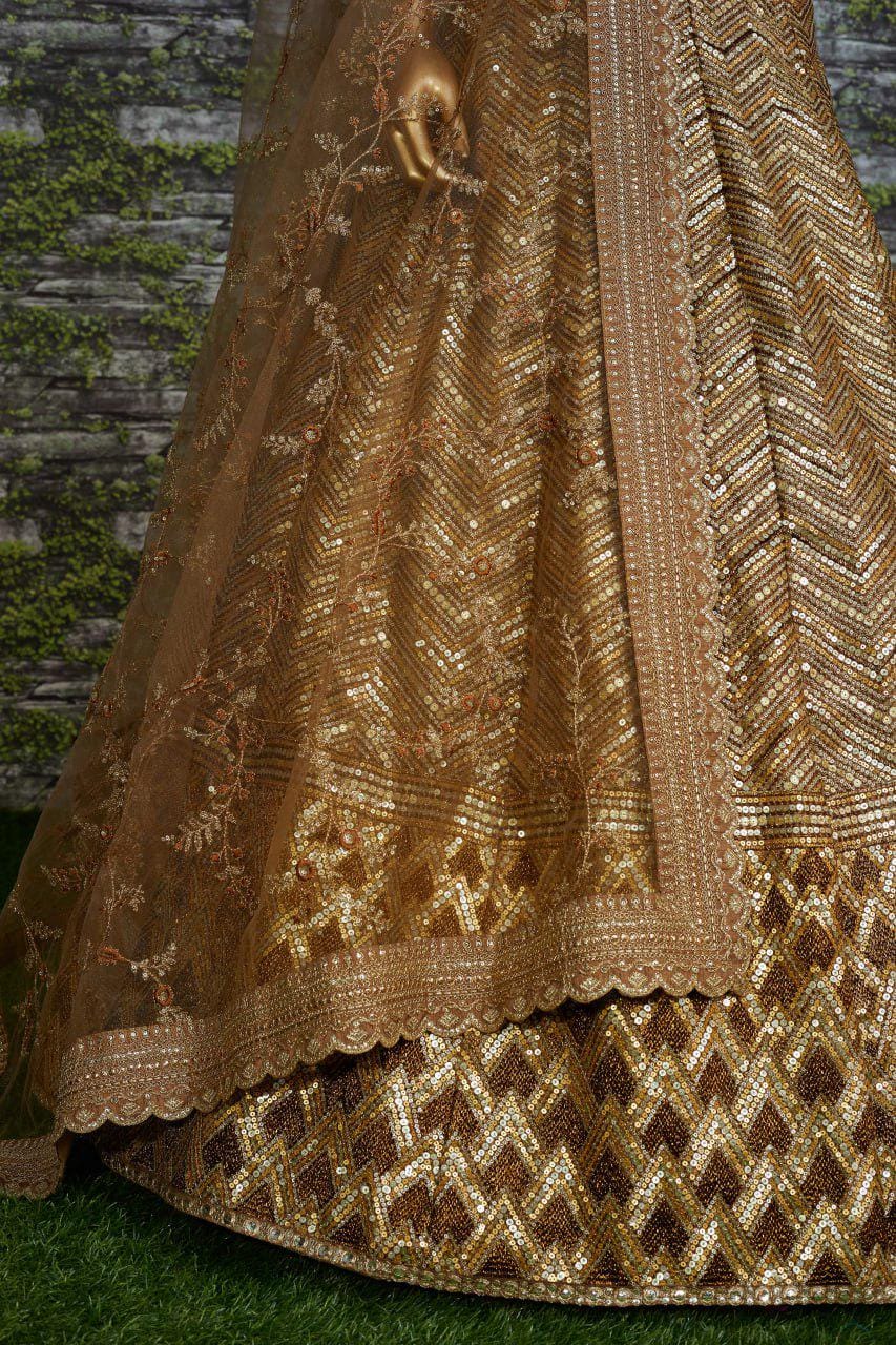 Antique Gold Slub Silk Lehenga Choli, Zari Dori Sequins Embroidery, Bridal Wedding Net Dupatta