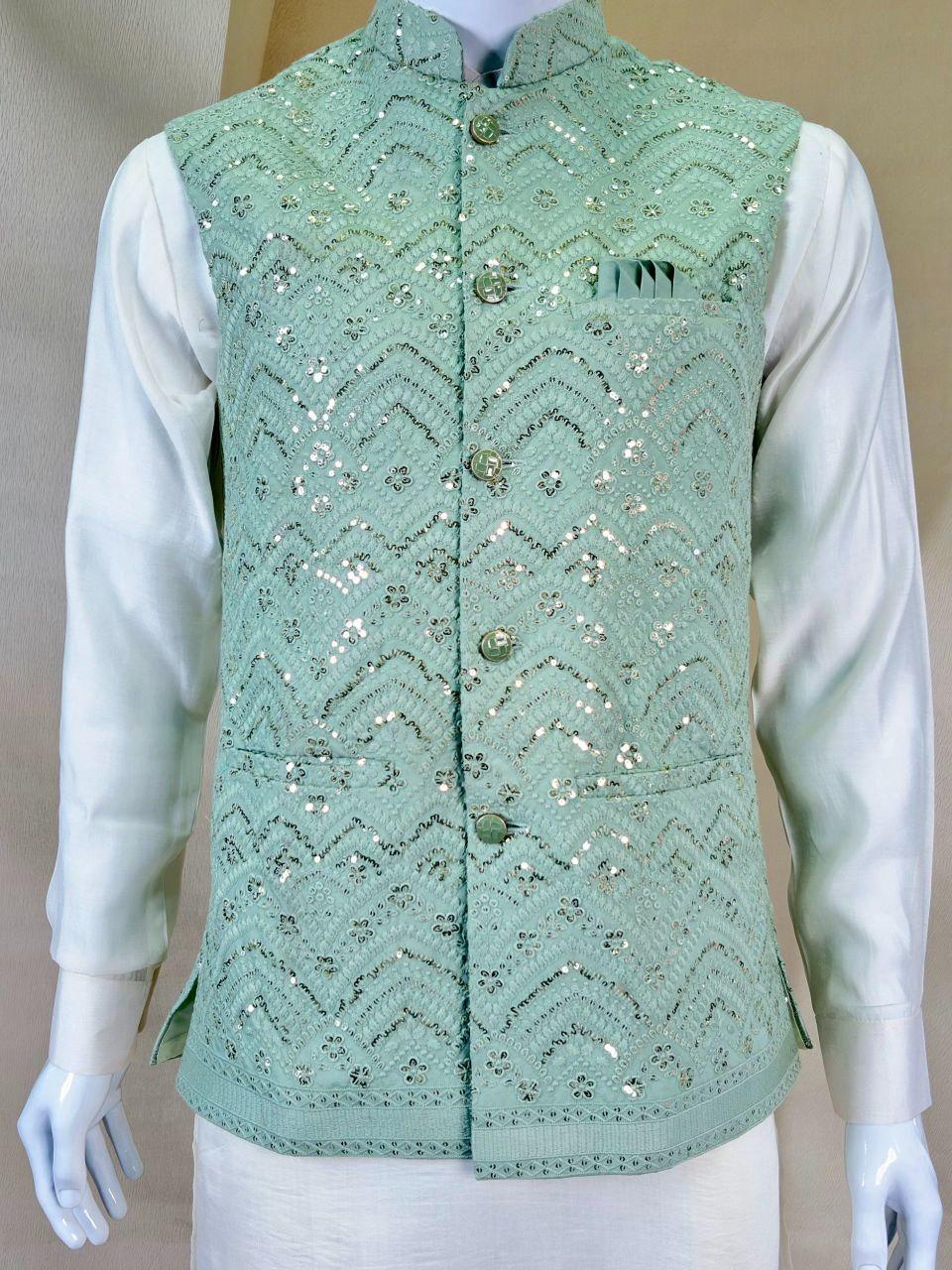 Men's Roman Silk Kurta Pajama Set with Embroidered Koti, Festive Ethnic Wear
