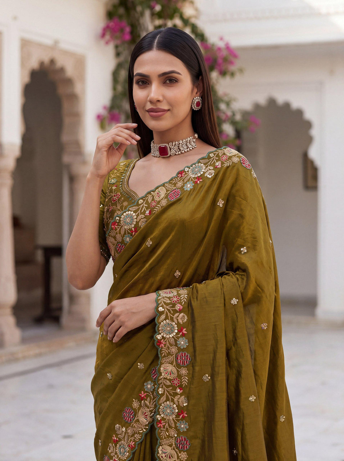 Fendy Satin Silk Saree with Embroidered Butti & Cutwork Border | Wedding Heavy Blouse