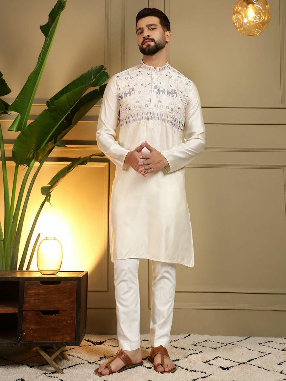 Viscose Silk Embroidered Kurta Set, Multi-Thread Sequins Ethnic Dress