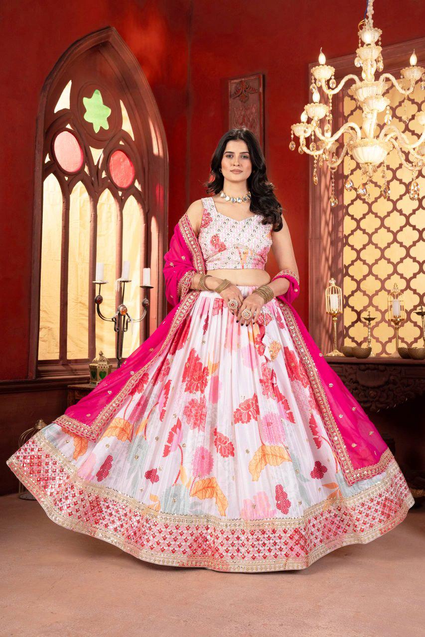 Chinon Silk Lehenga Choli | Digital Print, Sequins Embroidery, 4 Meter Flair, Indian Wedding Wear