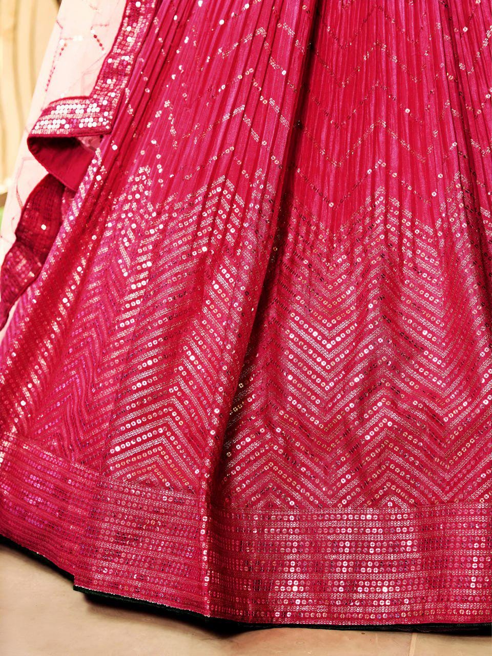 Pink Chinnon Lehenga Choli Set | Sequin Embroidered Wedding A-Line Lehenga, Soft Net Dupatta