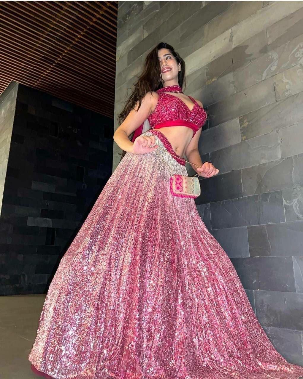 Satin Silk Lehenga Choli, Sequins Work, Bridal Wedding Festive Wear Net Dupatta