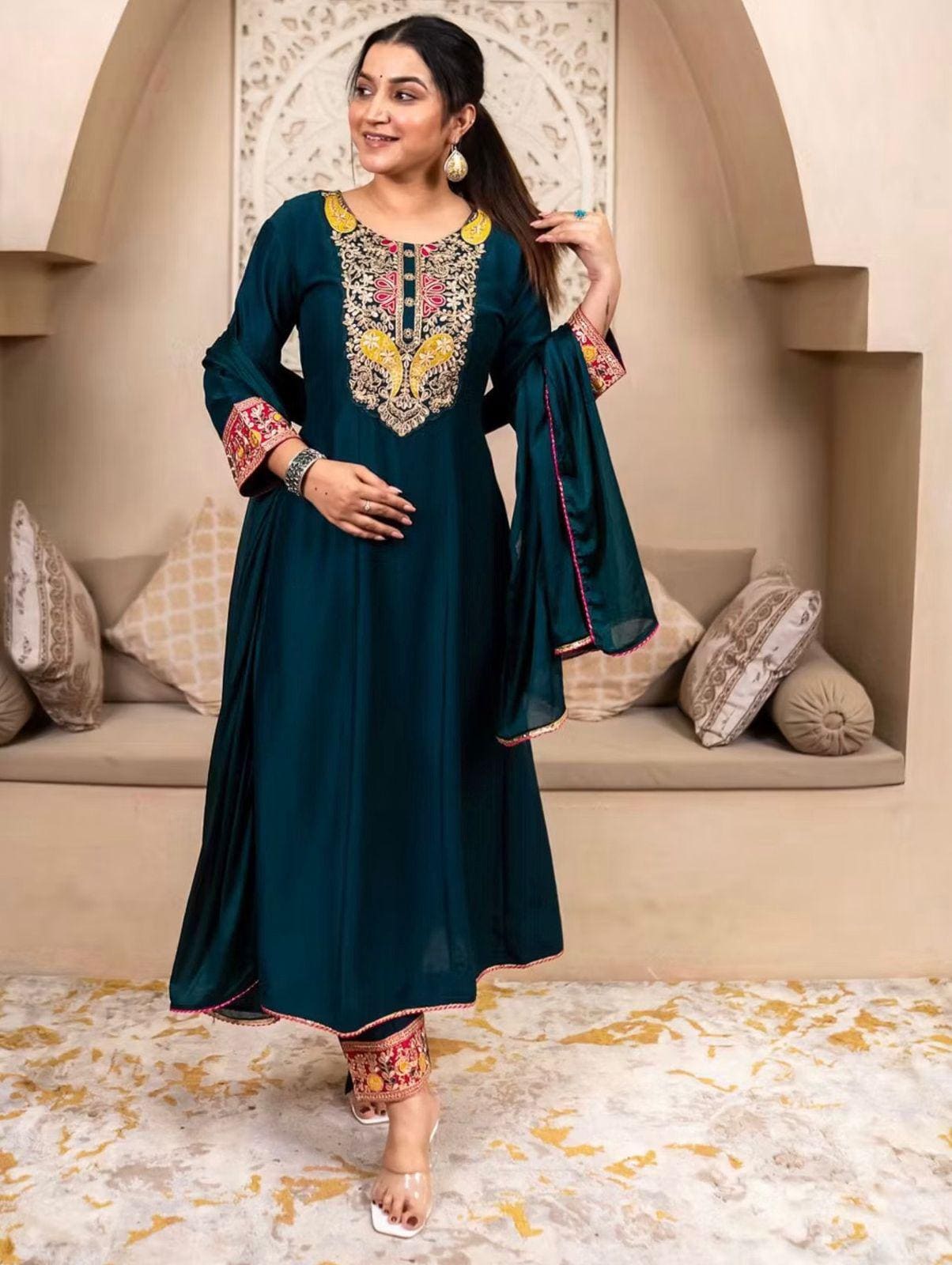 Embroidered Vichitra Silk Kurta Set with Dupatta, Festive Ethnic Party Wear Indian Outfit