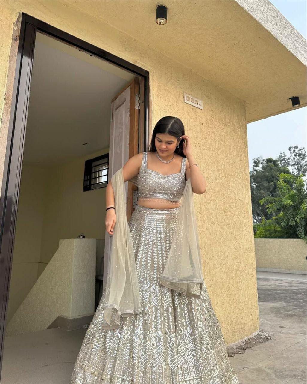 Faux Georgette Lehenga Choli Set | Sequin Embroidery, 3.5 Meter Flare, Bridal Party Wear