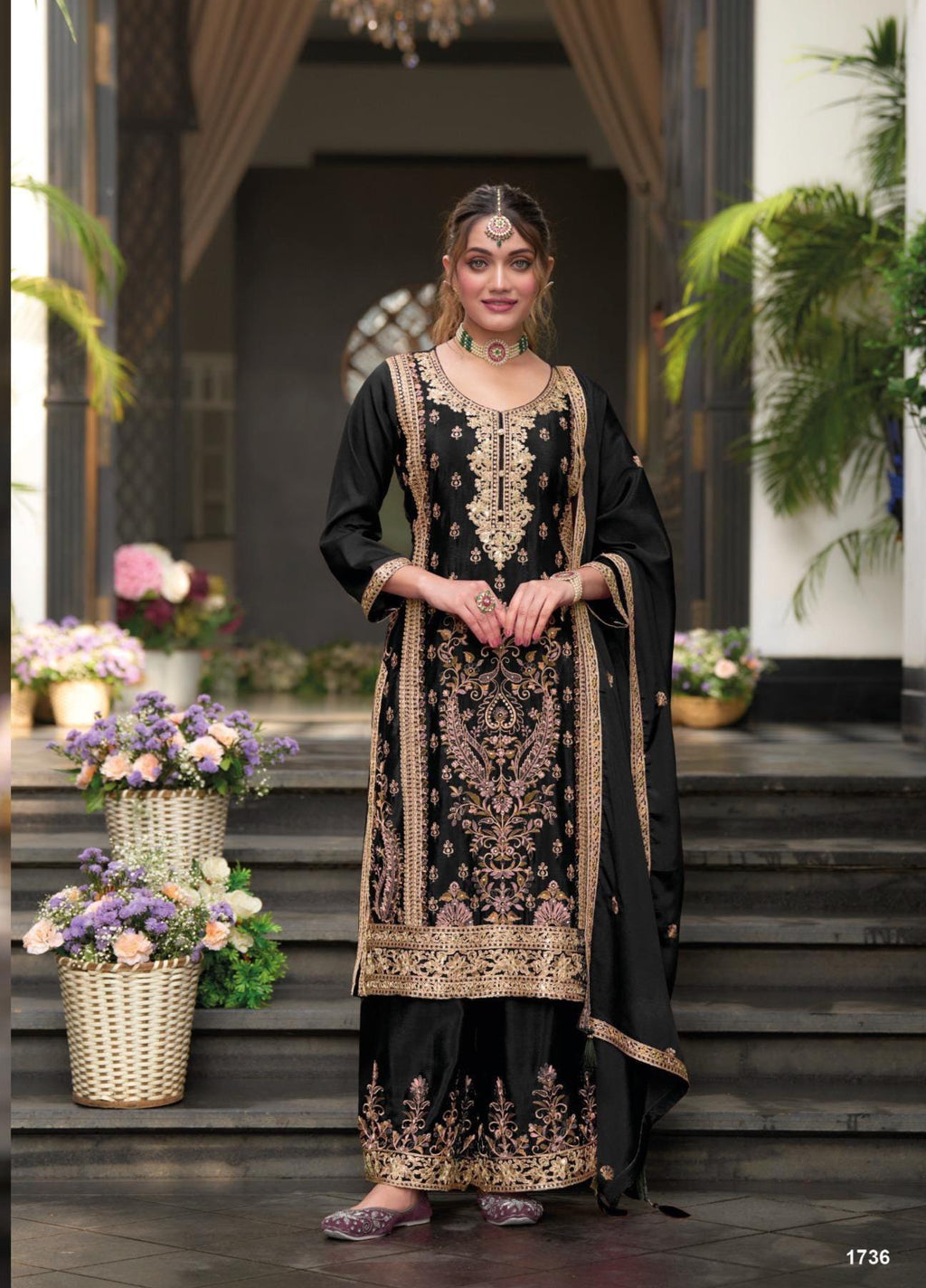 Embroidered Chinon Palazzo Suit Set with Dupatta, Festive Ethnic Party Wear