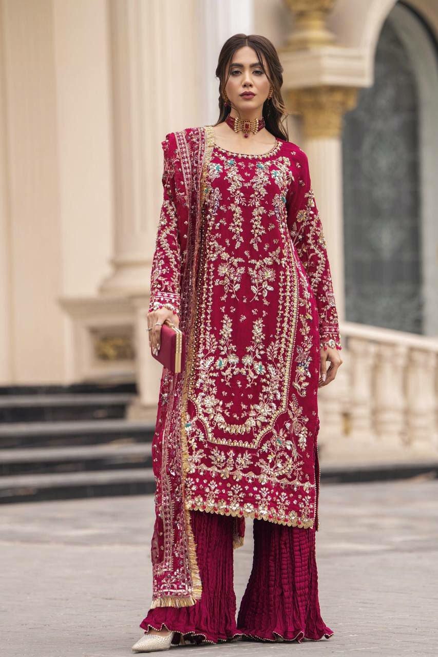 Embroidered Faux Georgette Kurta Palazzo Set with Sequins, Beads Work Ethnic Wear