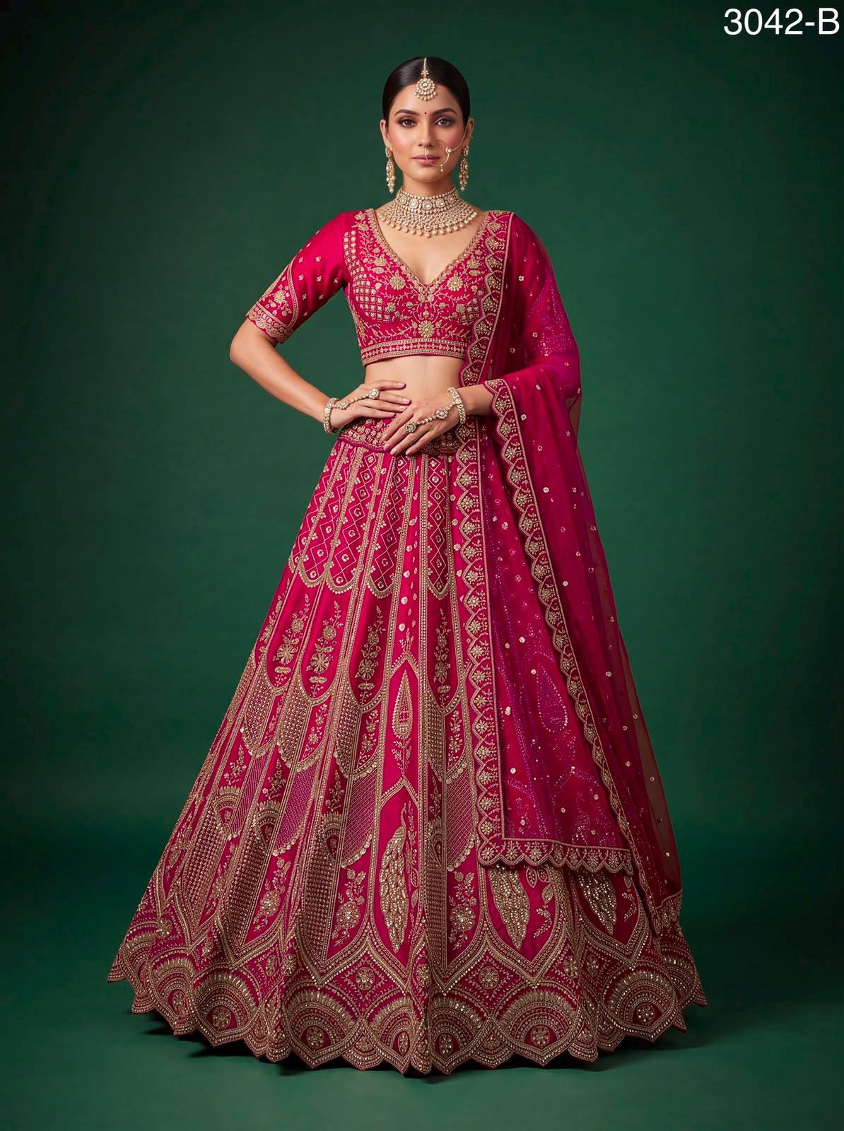 Luxury Slub Silk Bridal Lehenga Choli Set | Hand Bead Crystal Embroidery, Zari, Sequins Dupatta