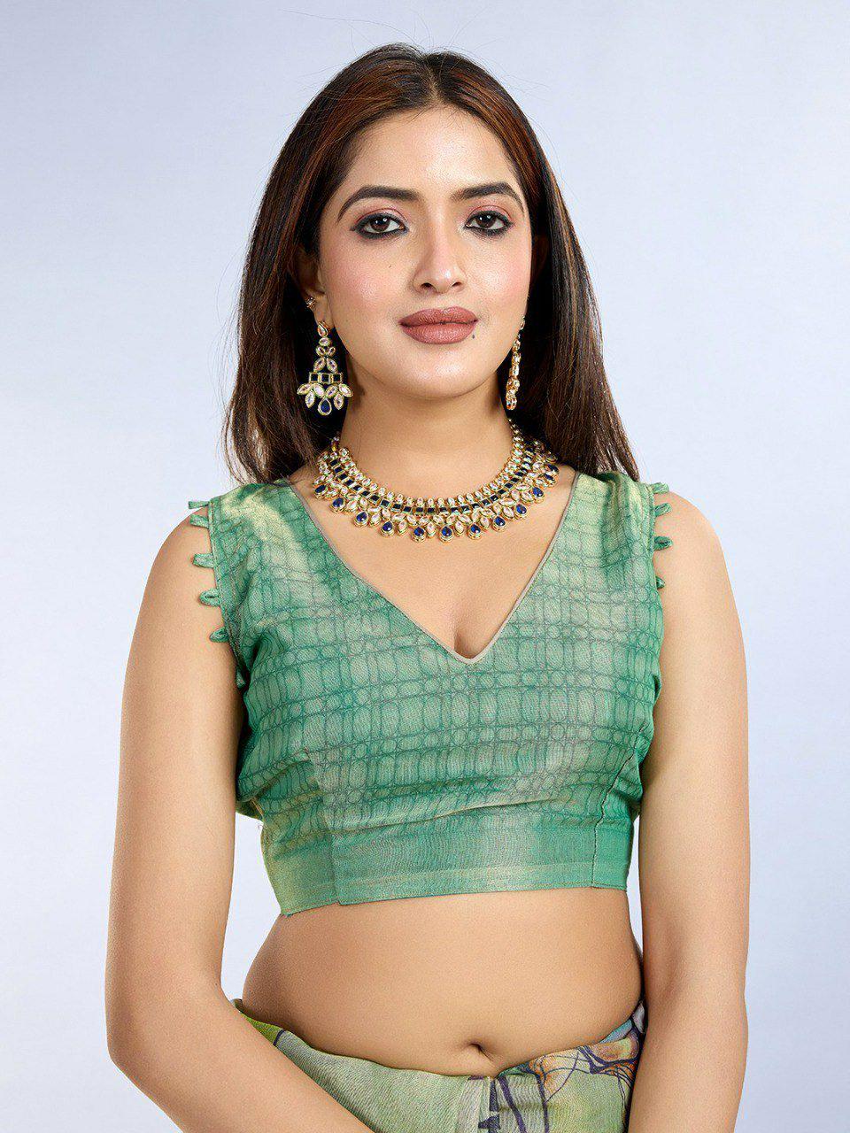 Green Floral Linen Cotton Saree | Silver Grey Woven Border, Digital Print, Festive Indian Saree