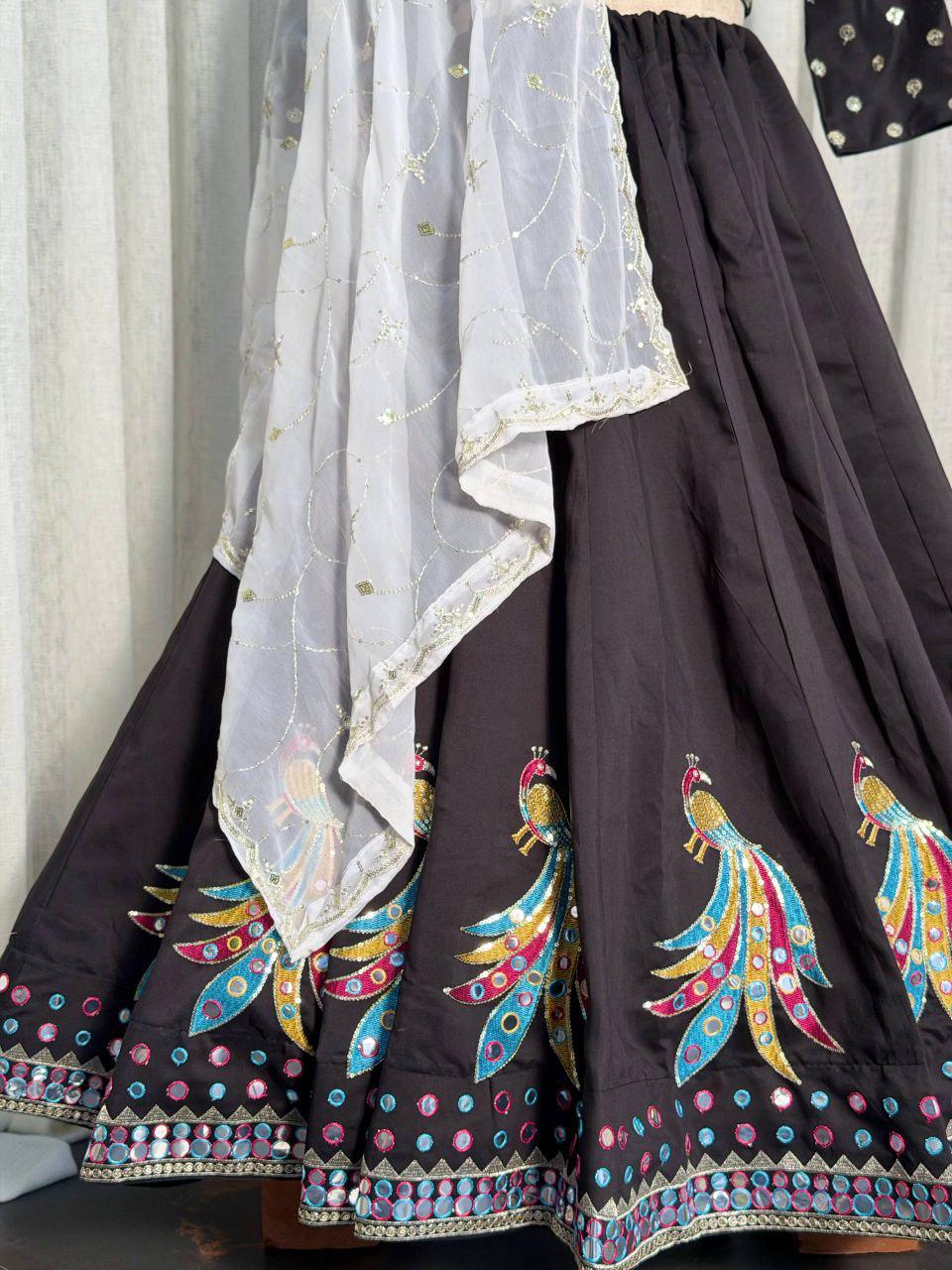 Embroidered Roman Silk Lehenga Choli Set | Peacock Sequin Work Wedding Outfit