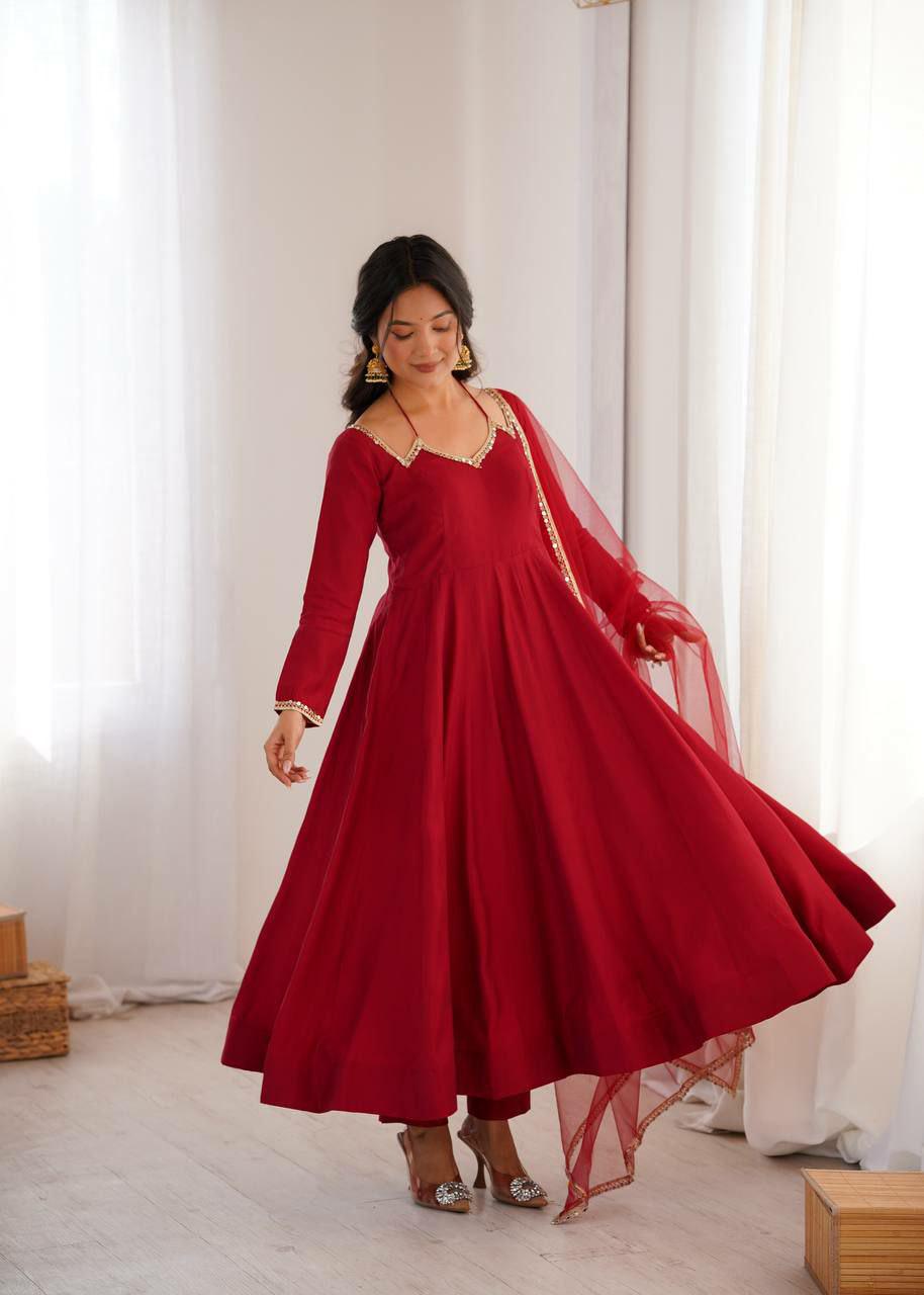 Roman Silk Chanderi Anarkali Suit Set with Net Dupatta, Designer Indian Wedding Outfit