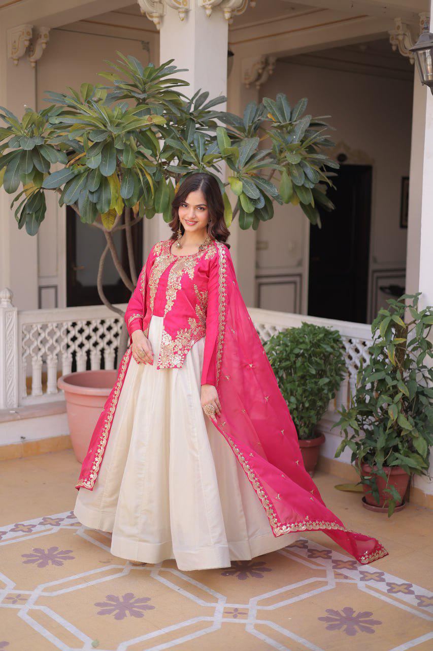 Glass Roman Anarkali Gown Set, Sequins Embroidery, Tabby Silk Dupatta, Festive Wear