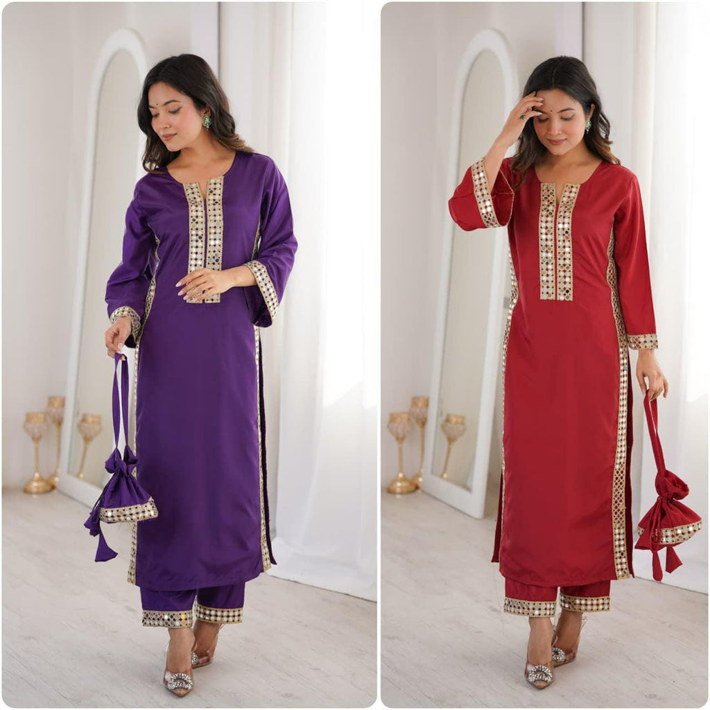Mirror Work Kurti Pant Set with Batwa Bag, Natural Crepe Ethnic Outfit