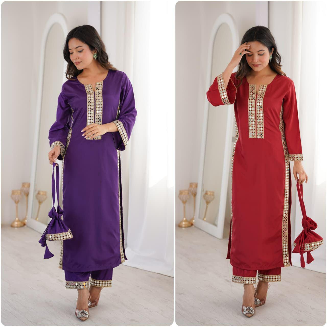 Mirror Work Kurti Pant Set with Batwa Bag, Natural Crepe Ethnic Outfit