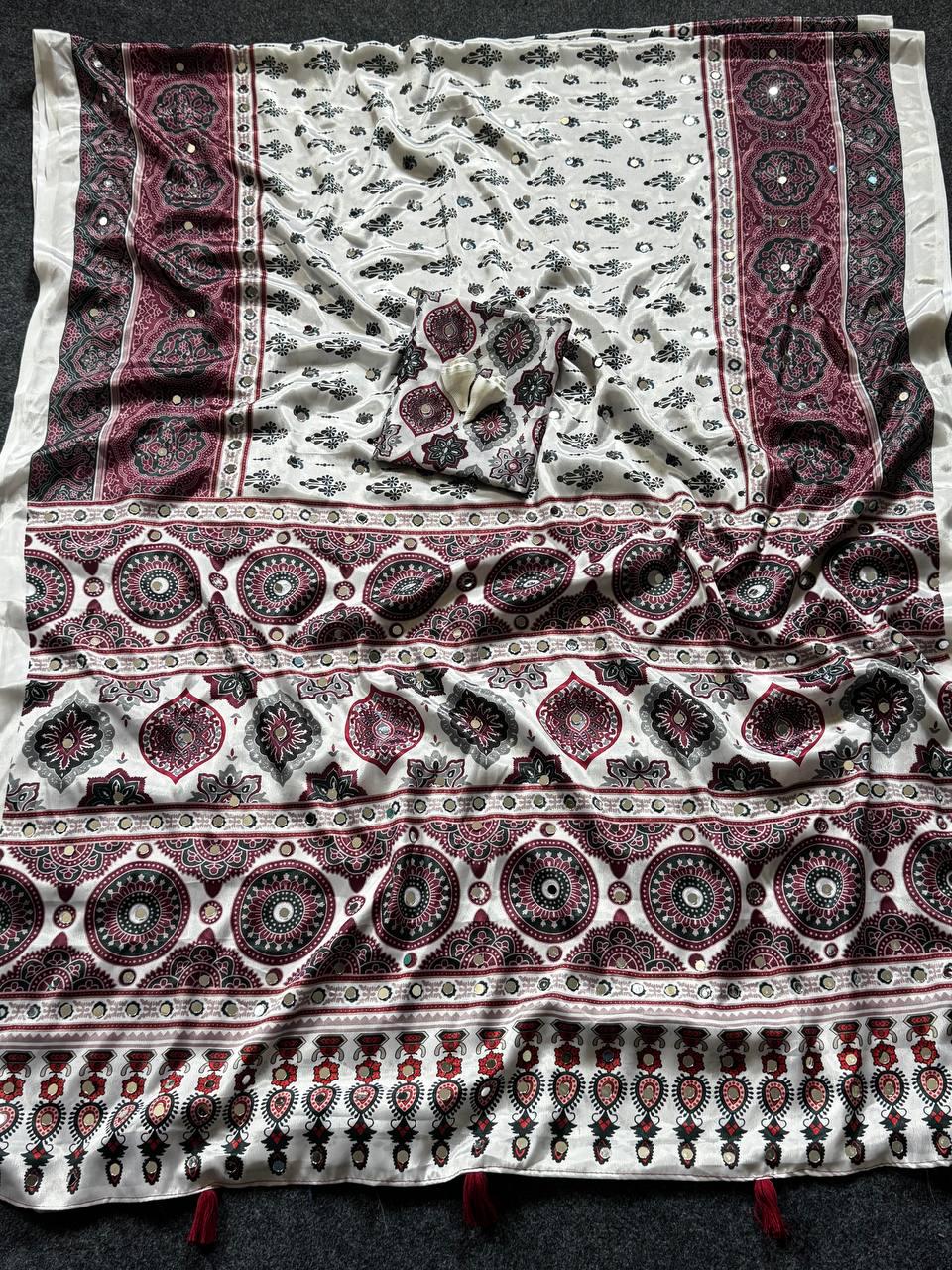 Ajrakh Print Semi Modal Silk Saree | Real Mirror Work, Pom Pom Pallu, Party Wear