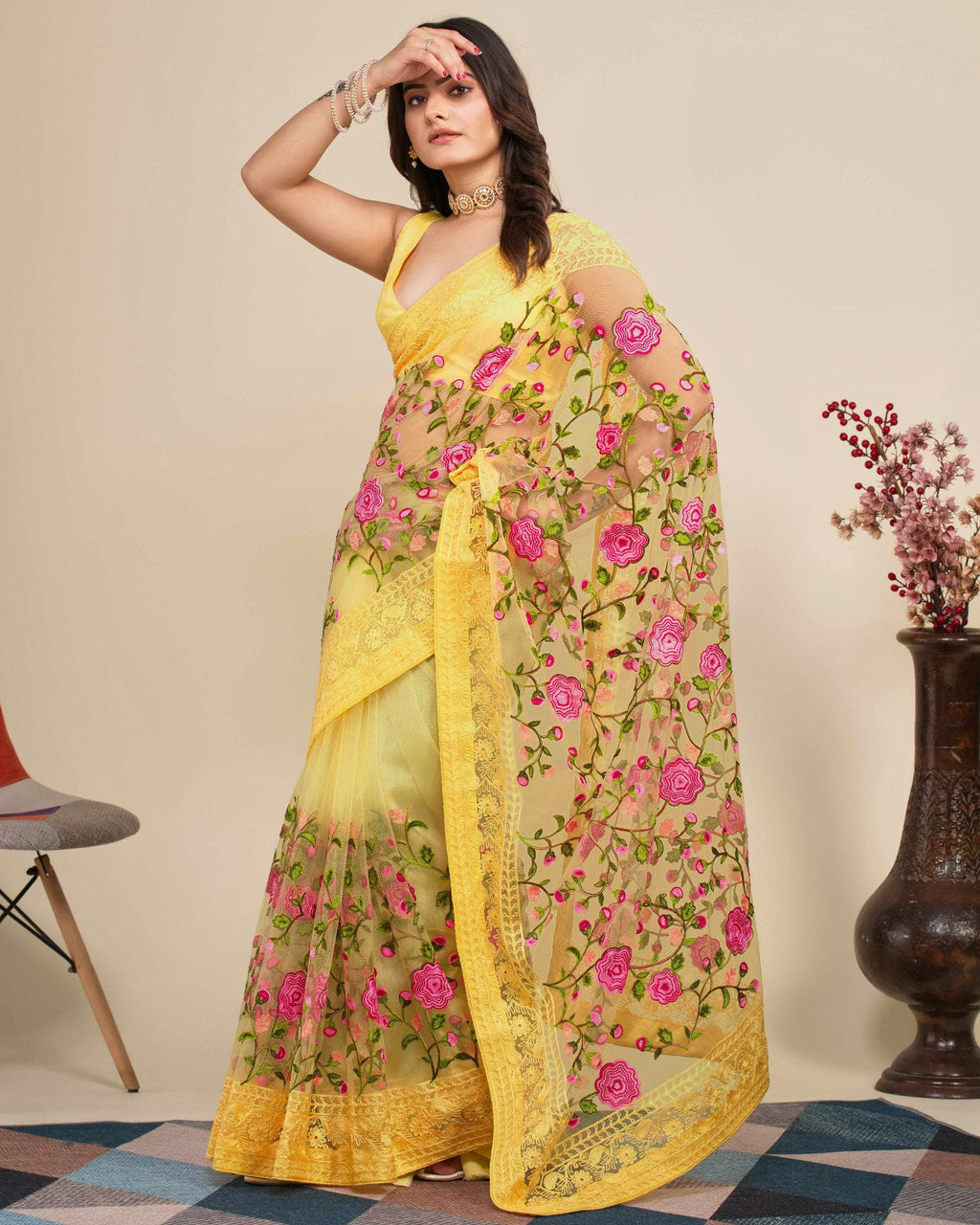 Soft Net Saree with Chikankari Embroidery, Wedding Festive Party Wear (Unstitched Blouse)