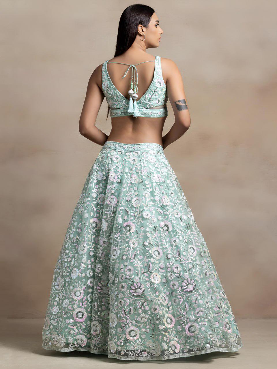Aqua Blue Floral Embroidered Net Lehenga Choli Set | Semi-Stitched Wedding Outfit