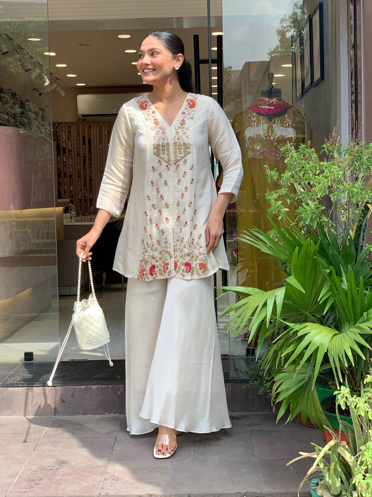 Embroidered Silk Kurti Pant Set, Short Ethnic Co-Ord Outfit, Festive Wear
