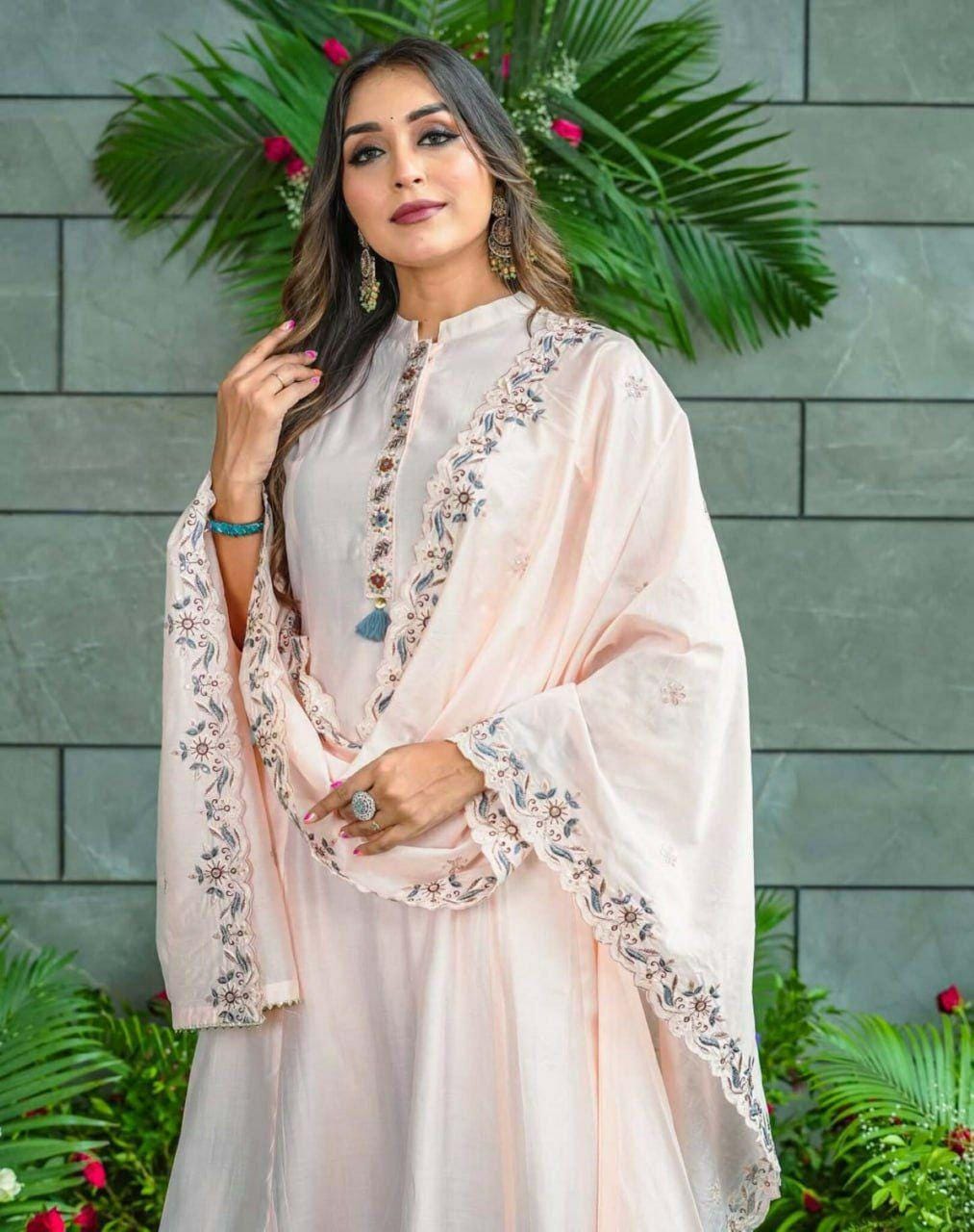 Embroidered Muslin Cotton Kurta Set with Dupatta, Flared Indian Ethnic Wear