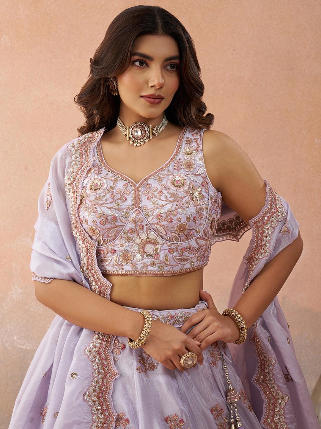 Lavender Tissue Lehenga Choli Set, Sequins Embroidery, Bridal Party Wear Dupatta