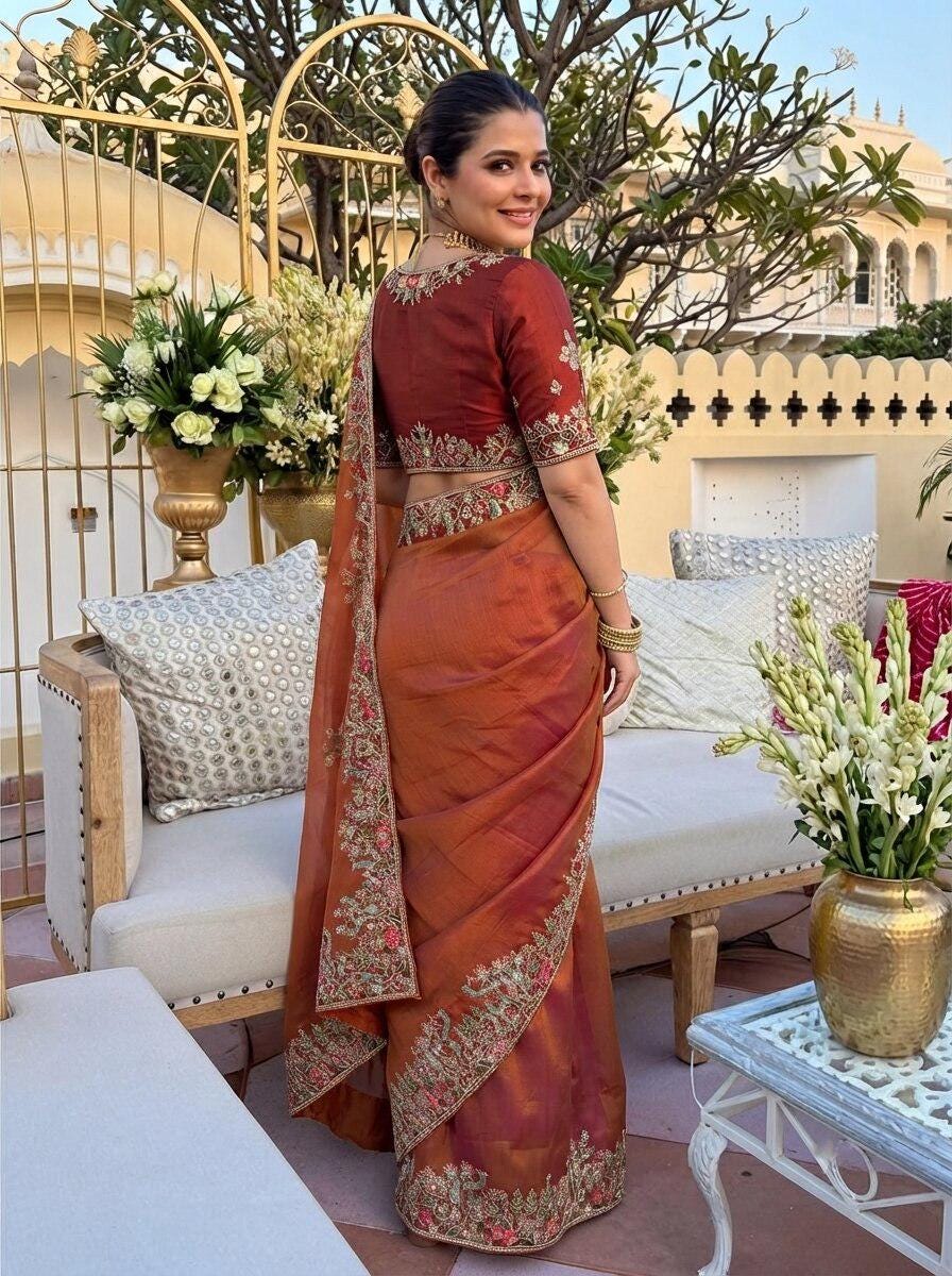 Fendy Satin Silk Saree with C-Pallu Embroidery | Designer Wedding Wear Blouse Piece