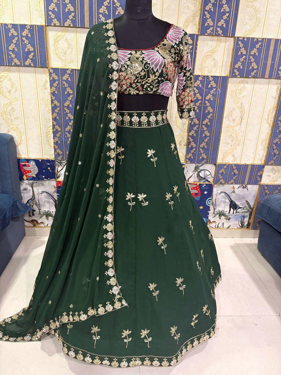 Green Fox Georgette Lehenga Choli, Sequins Embroidery, 4 Meter Flare Wedding Set