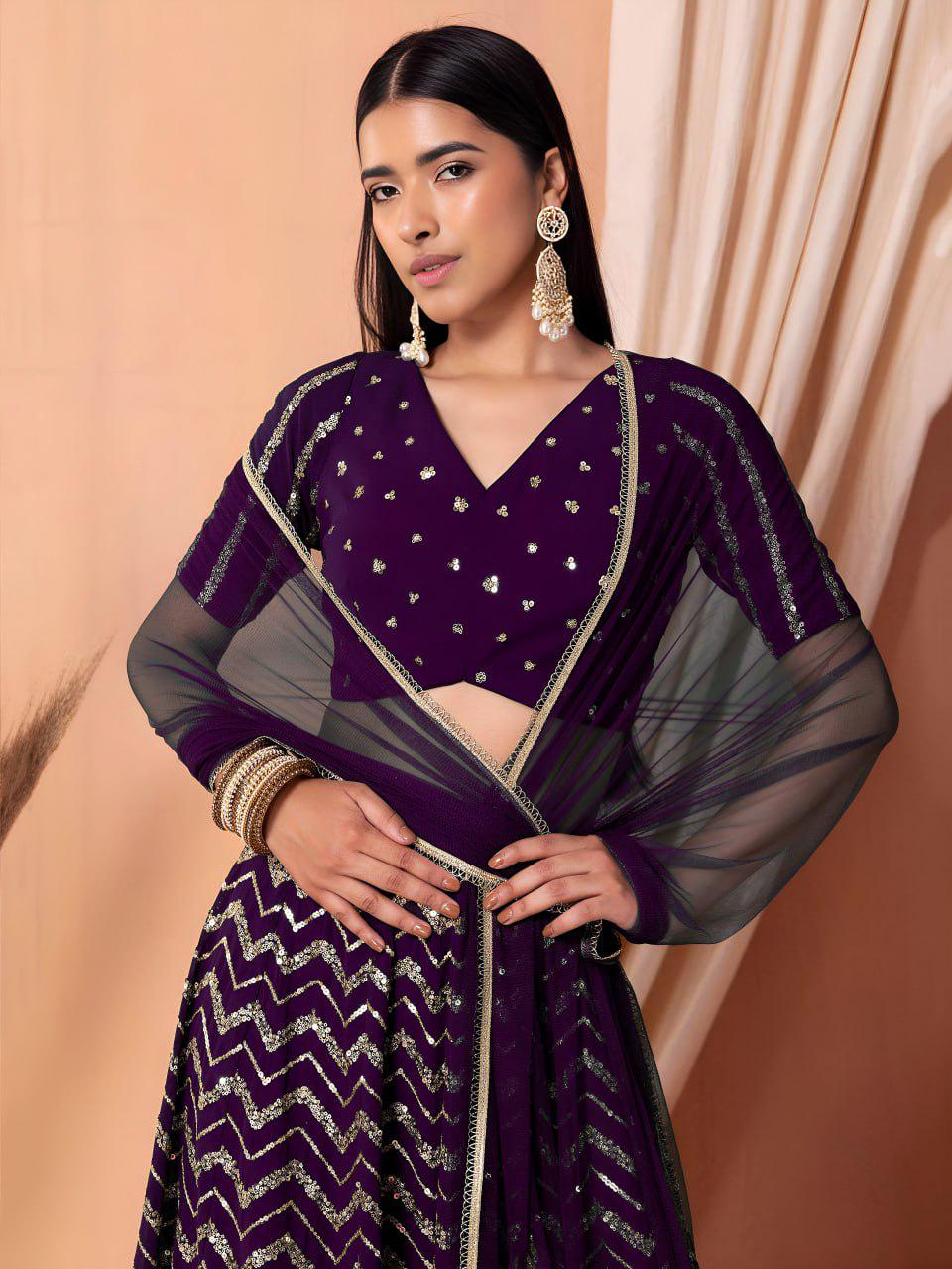Deep Purple Georgette Lehenga Choli Set | Zari Sequin Embroidered Wedding Party Wear Net Dupatta
