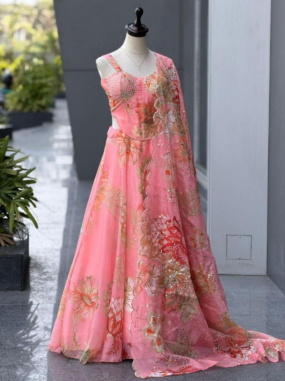 Pure Organza Digital Print Lehenga Choli Set | Corset Blouse, Sequin Embroidery, 8 Meter Flare