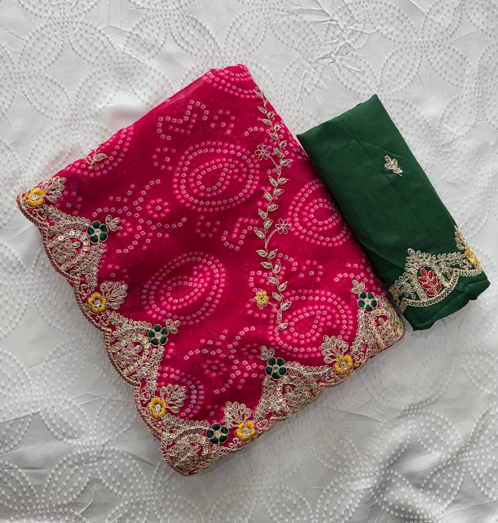 Georgette Bandhej Print Saree | Embroidered Cutwork Border, Silk Blouse Piece