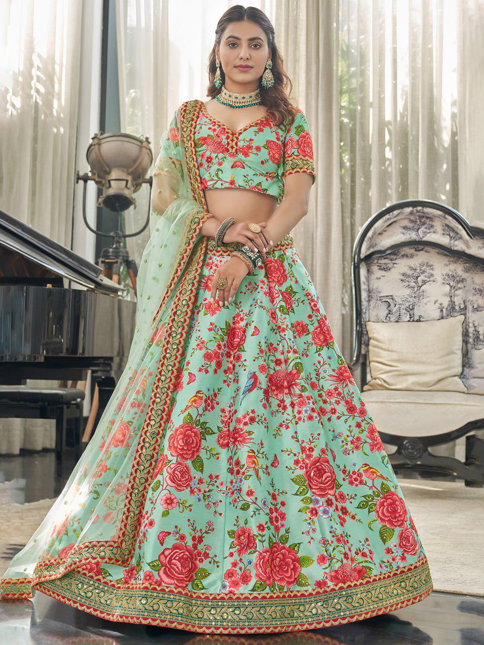 Mint Green Floral Art Silk Lehenga Choli Set, Dori Zari Sequins Embroidered Dupatta