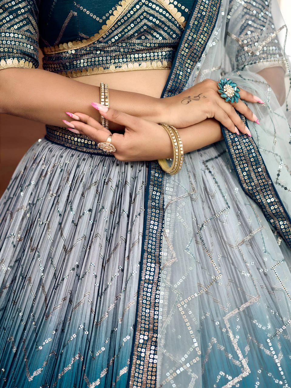 Teal Chinnon Lehenga Choli Set | Embroidered Wedding A-Line Lehenga with Net Dupatta
