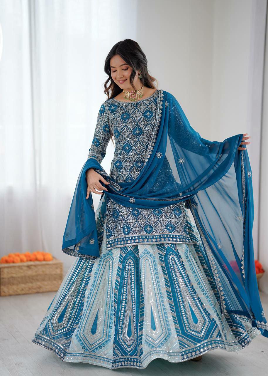Faux Georgette Lehenga Choli Set, Sequins Embroidery, Indian Wedding Party Wear