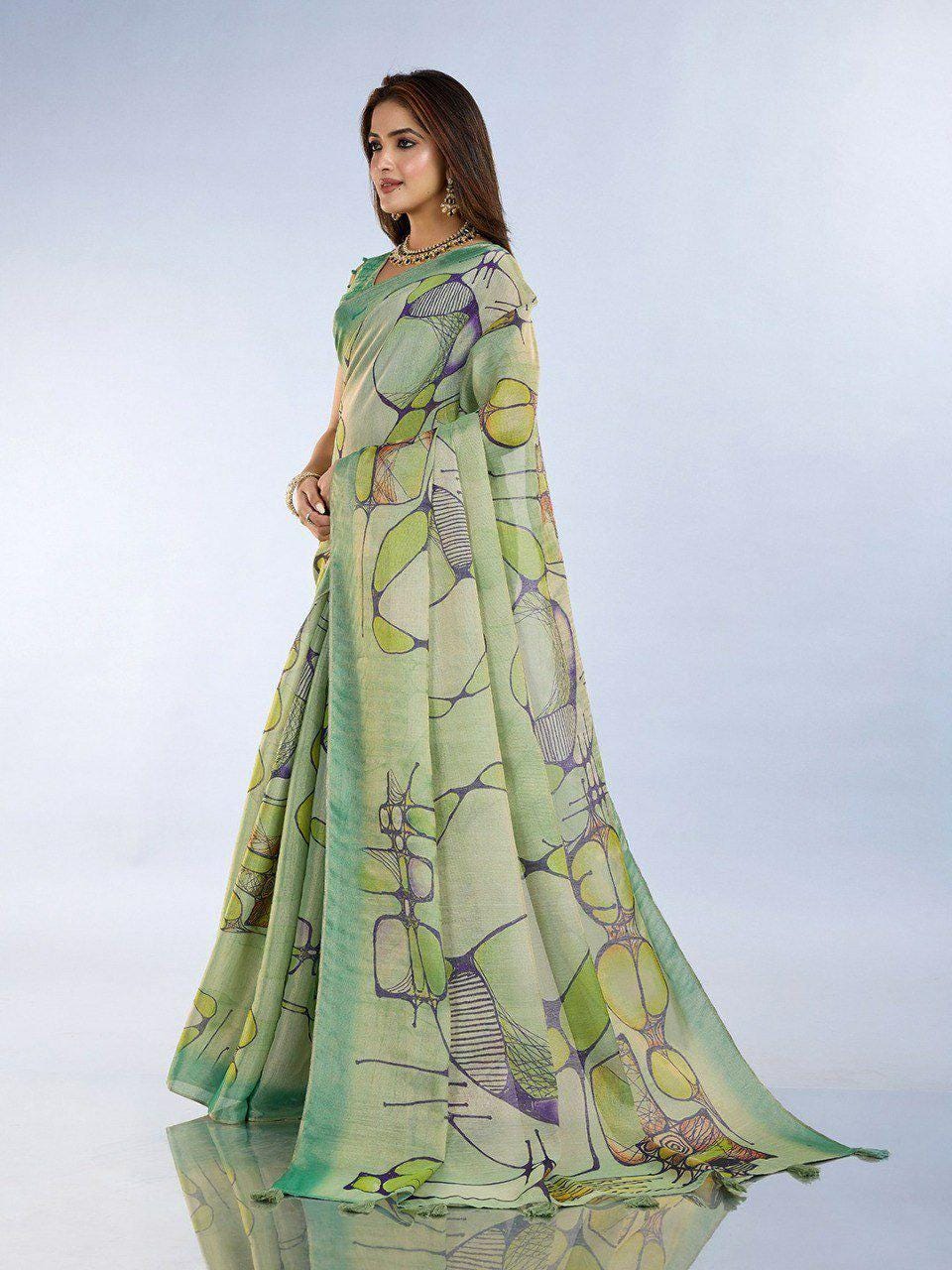 Green Floral Linen Cotton Saree | Silver Grey Woven Border, Digital Print, Festive Indian Saree
