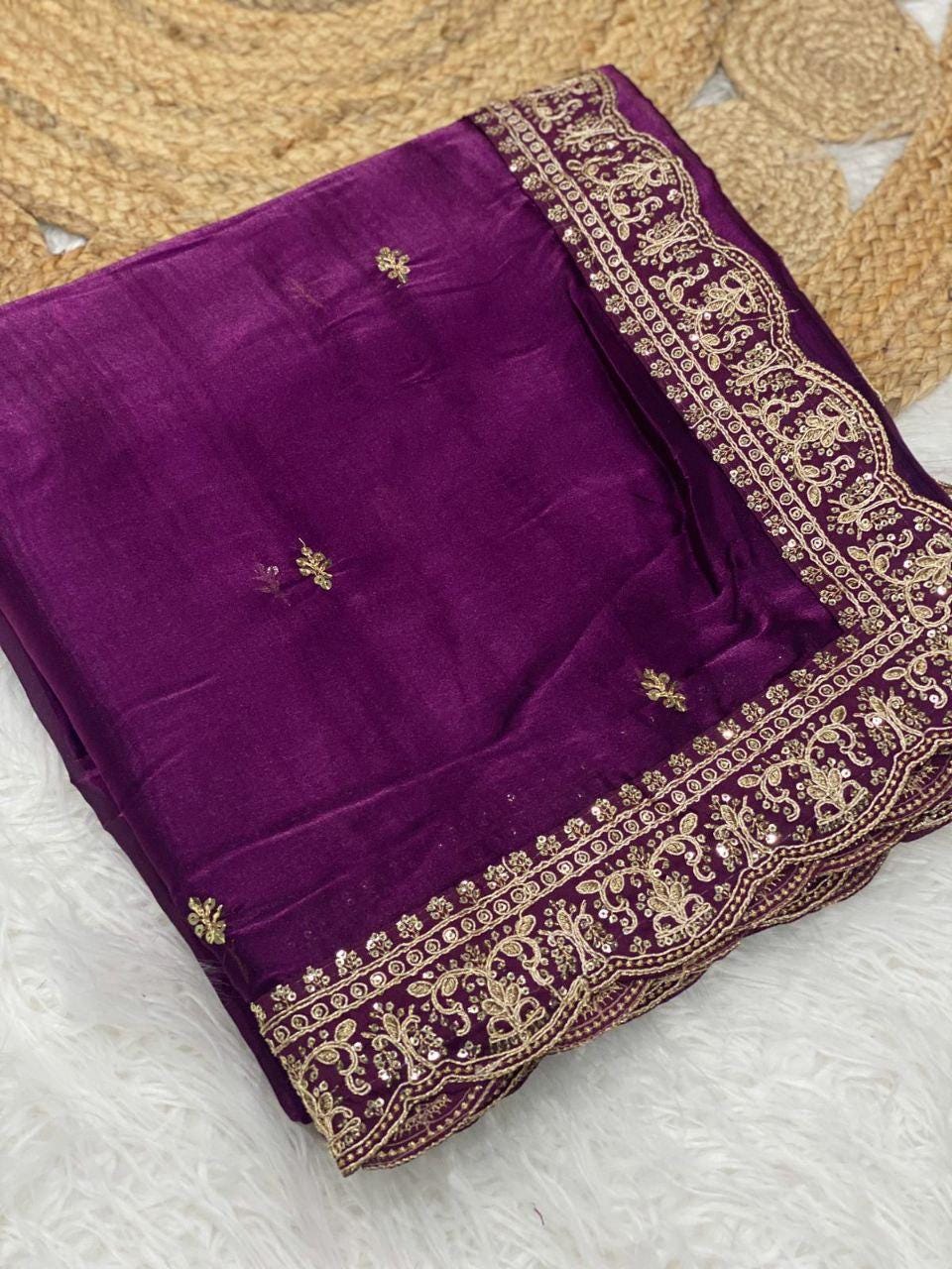 Designer Jimichu Satin Saree with Cutwork Lace Border | Heavy Embroidered Blouse, Festive Wear