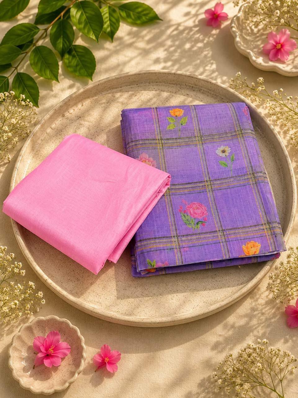 Soft Linen Digital Printed Saree | Checks Floral Dasty Print, Baby Pink Blouse